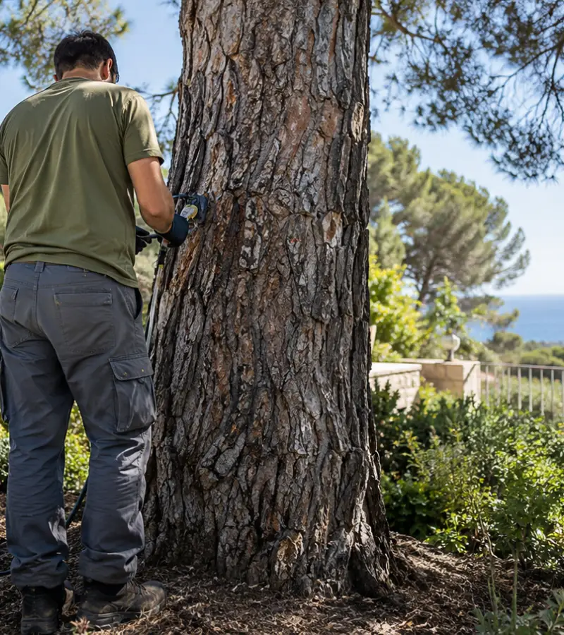 Jardinero de Garden Solution aplicando endoterapia contra la procesionaria en un pino de Mallorca
